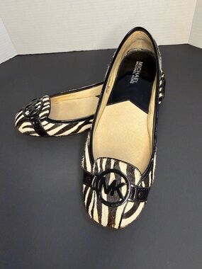 Michael Kors Zebra-Print Ballet Flats in Black and Cream with MK Emblem
